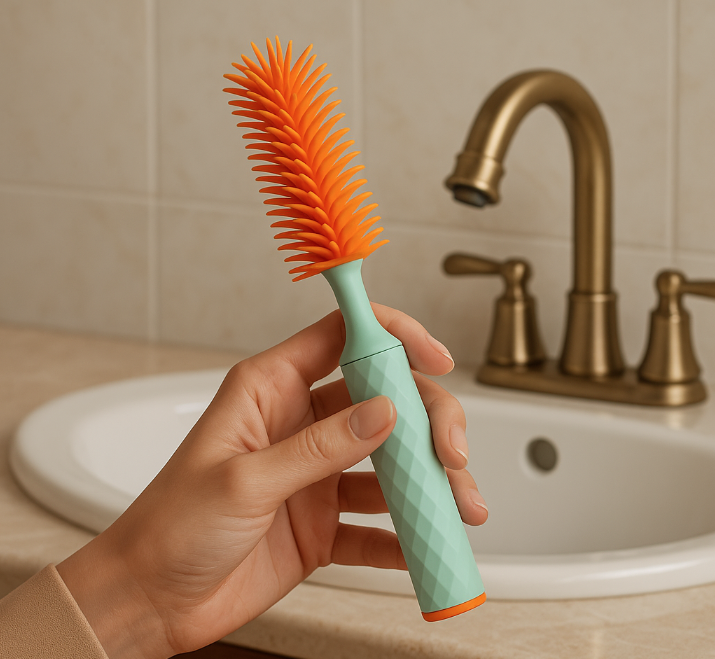 Hand holding a green and orange bottle brush in front of a sink with a gold faucet.